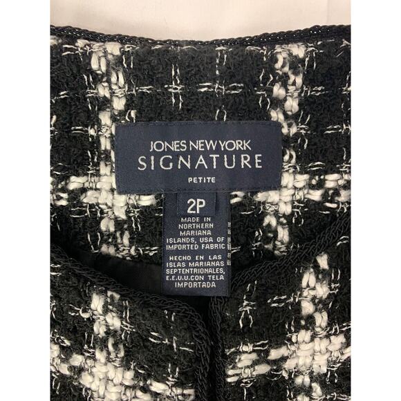 Jones New York Signature Tweed Woven Jacket Black White Plaid Petite 2 Preppy - Picture 9 of 15